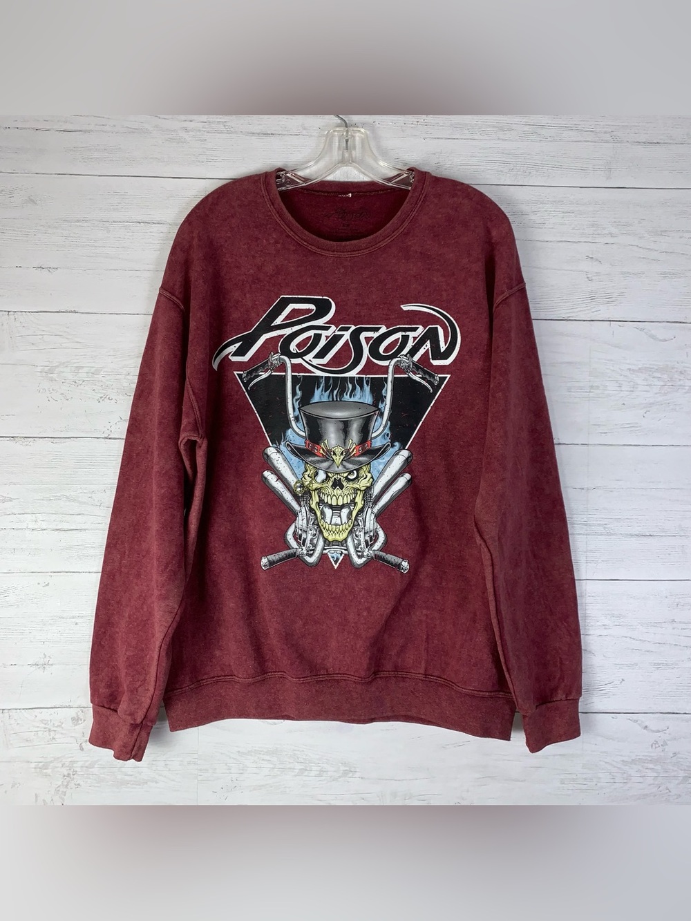 Poison Burgundy Fleece Pullover Sweatshirt Skull Graphic Crew Neck Men's S/M